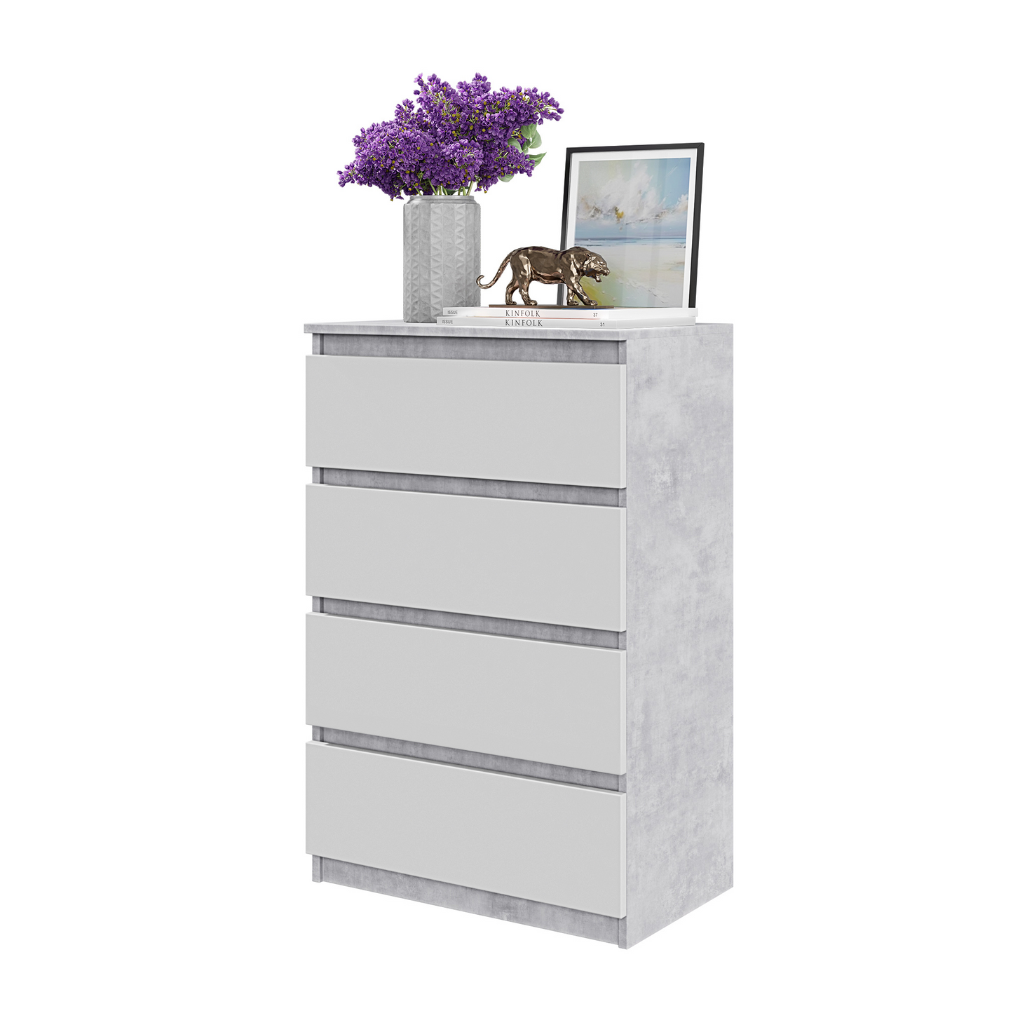 GABRIEL - Kommode / Sideboard mit 4 Schubladen - Beton / Weiß Matt H92cm B60cm T33cm