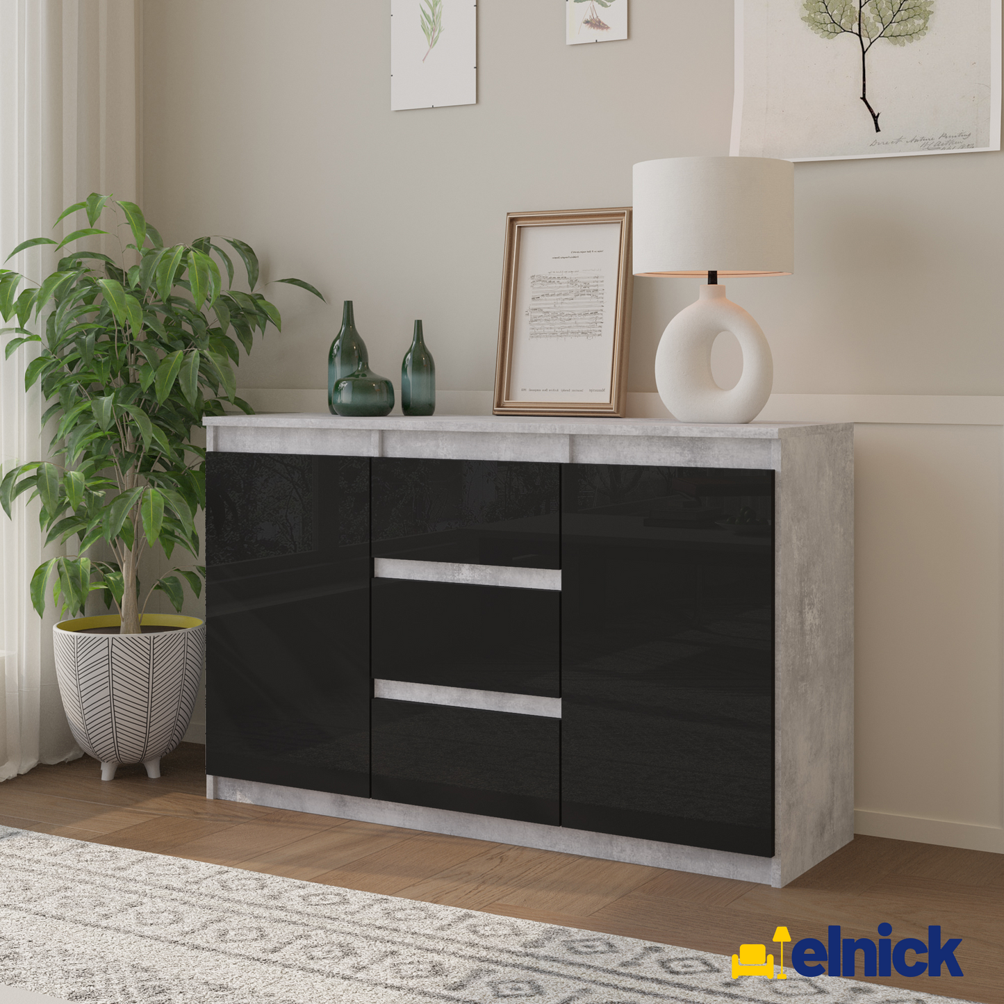 MIKEL - Kommode / Sideboard mit 3 Schubladen und 2 Türen - Beton-Optik / Schwarz Gloss