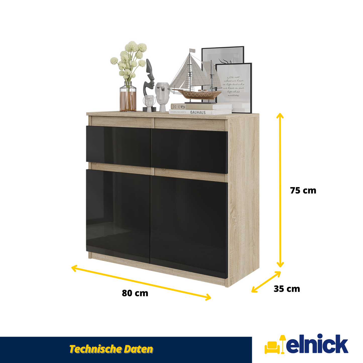 NOAH - Kommode / Sideboard mit 2 Schubladen und 2 Türen - Sonoma Eiche / Schwarz Gloss