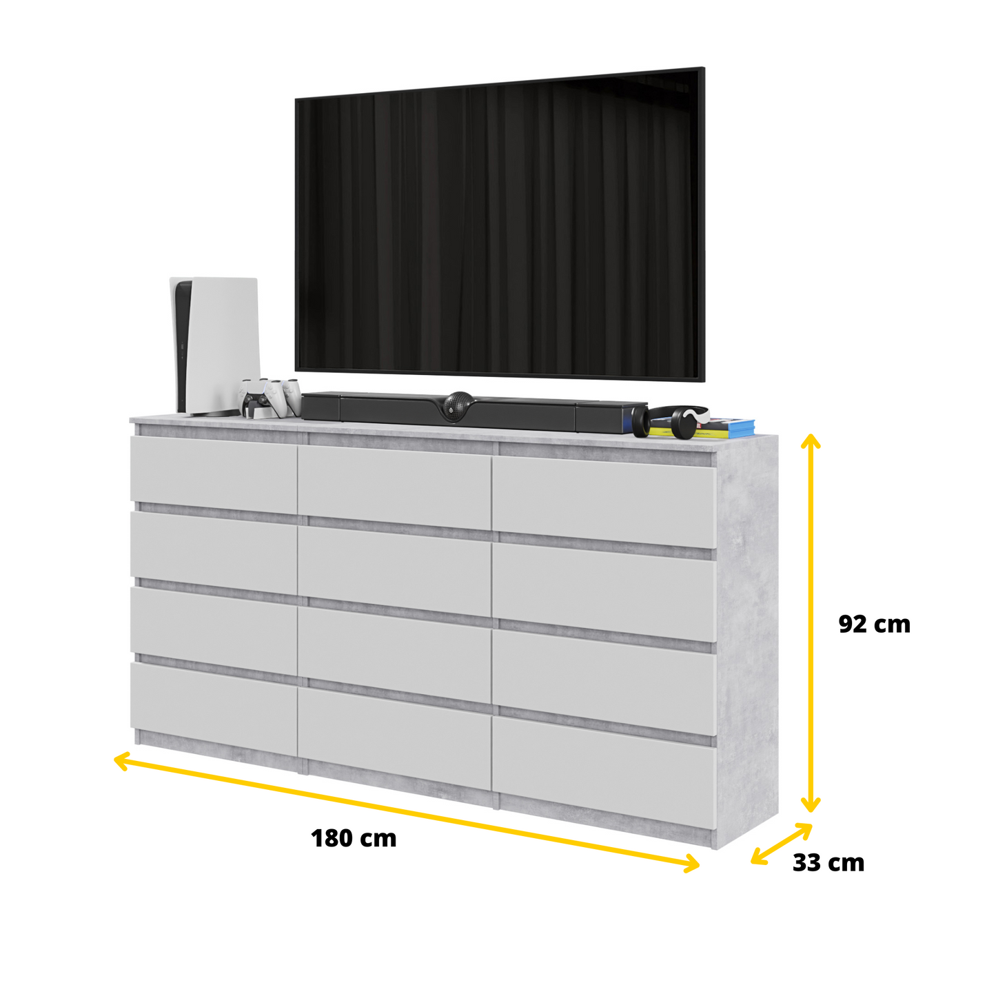 GABRIEL - Kommode / Sideboard mit 12 Schubladen (8+4) - Beton-Optik / Weiß Matt