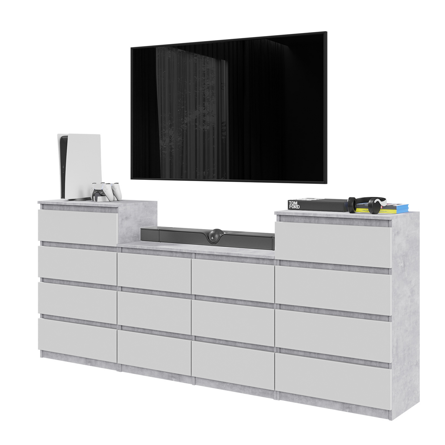 GABRIEL - Kommode / Sideboard mit 14 Schubladen (4+6+4) - Beton-Optik / Weiß Matt