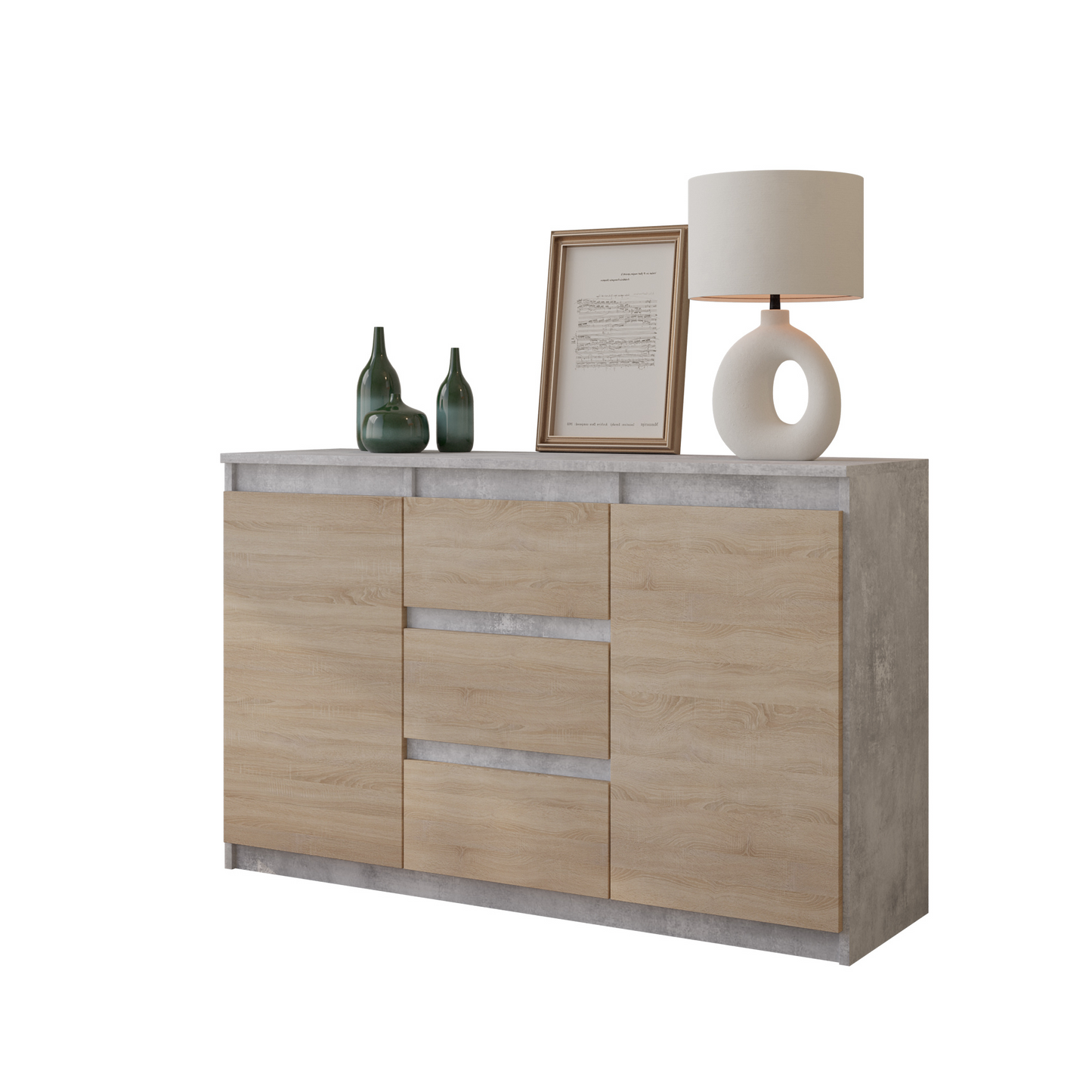 MIKEL - Kommode / Sideboard mit 3 Schubladen und 2 Türen - Beton-Optik / Sonoma Eiche