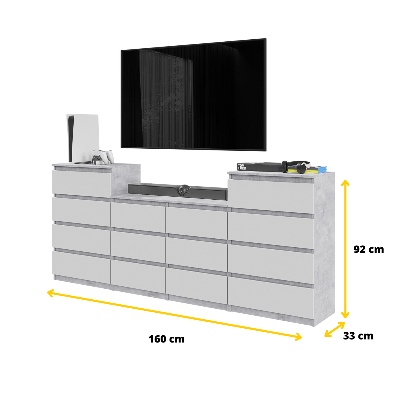 GABRIEL - Kommode / Sideboard mit 14 Schubladen (4+6+4) - Beton-Optik / Weiß Matt