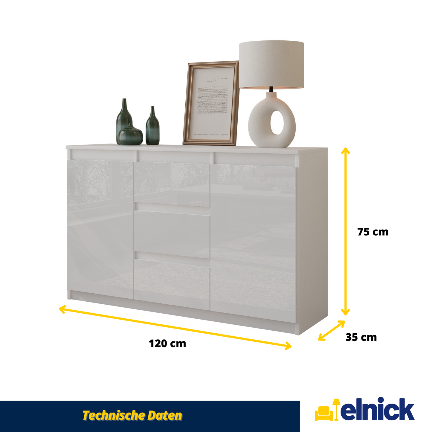 MIKEL - Kommode / Sideboard mit 3 Schubladen und 2 Türen - Weiß Matt / Weiß Gloss