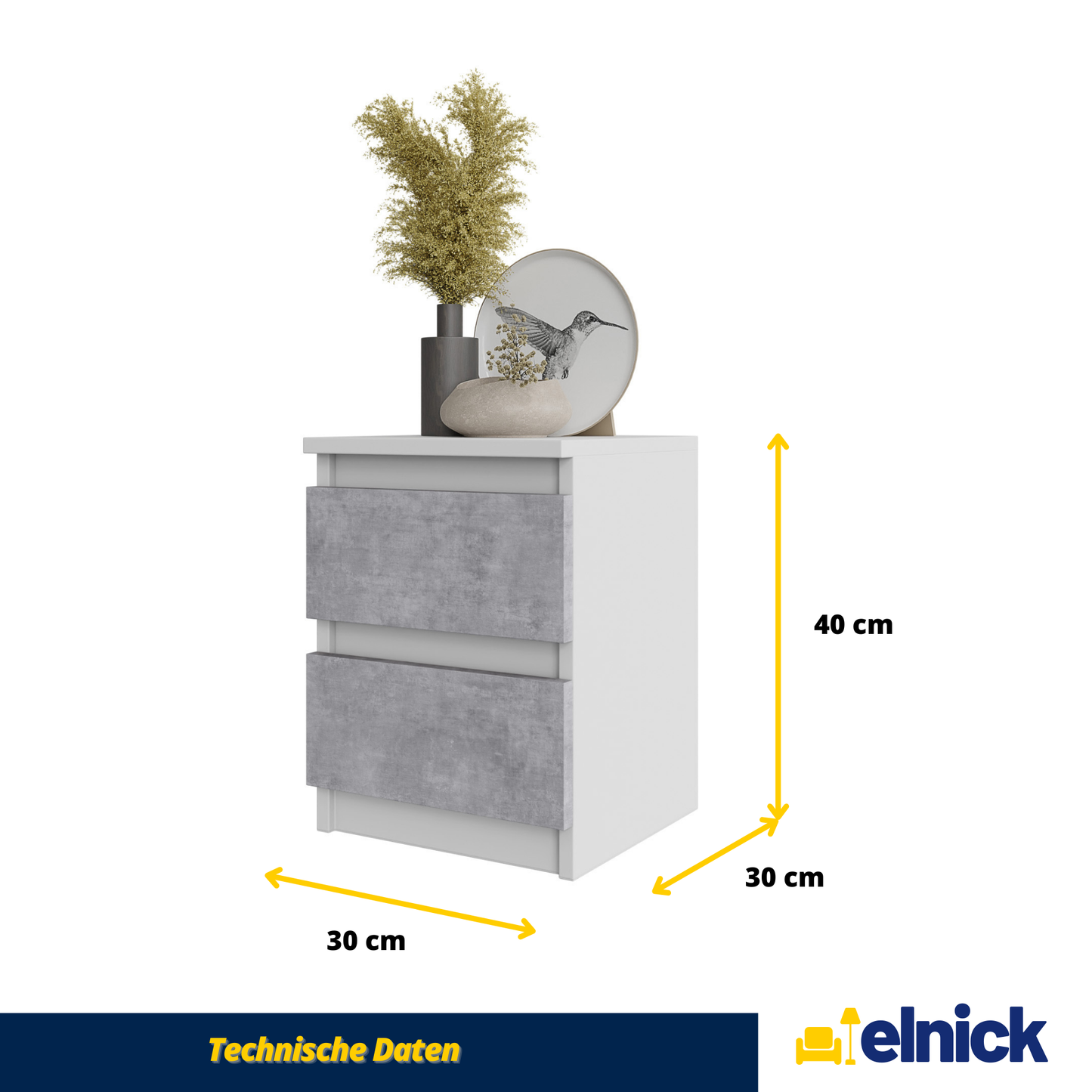 GABRIEL - Nachttisch - Nachtschrank mit 2 Schubladen - Weiß Matt / Beton-Optik