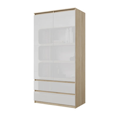 JOELLE - Kleiderschrank mit 2 Türen und 2 Schubladen - Sonoma Eiche / Weiß Gloss