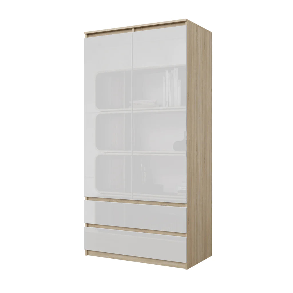 JOELLE - Kleiderschrank mit 2 Türen und 2 Schubladen - Sonoma Eiche / Weiß Gloss