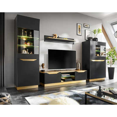 Wohnwand FAME - Wohnzimmer-Möbel-Set - Schwarz / Gold