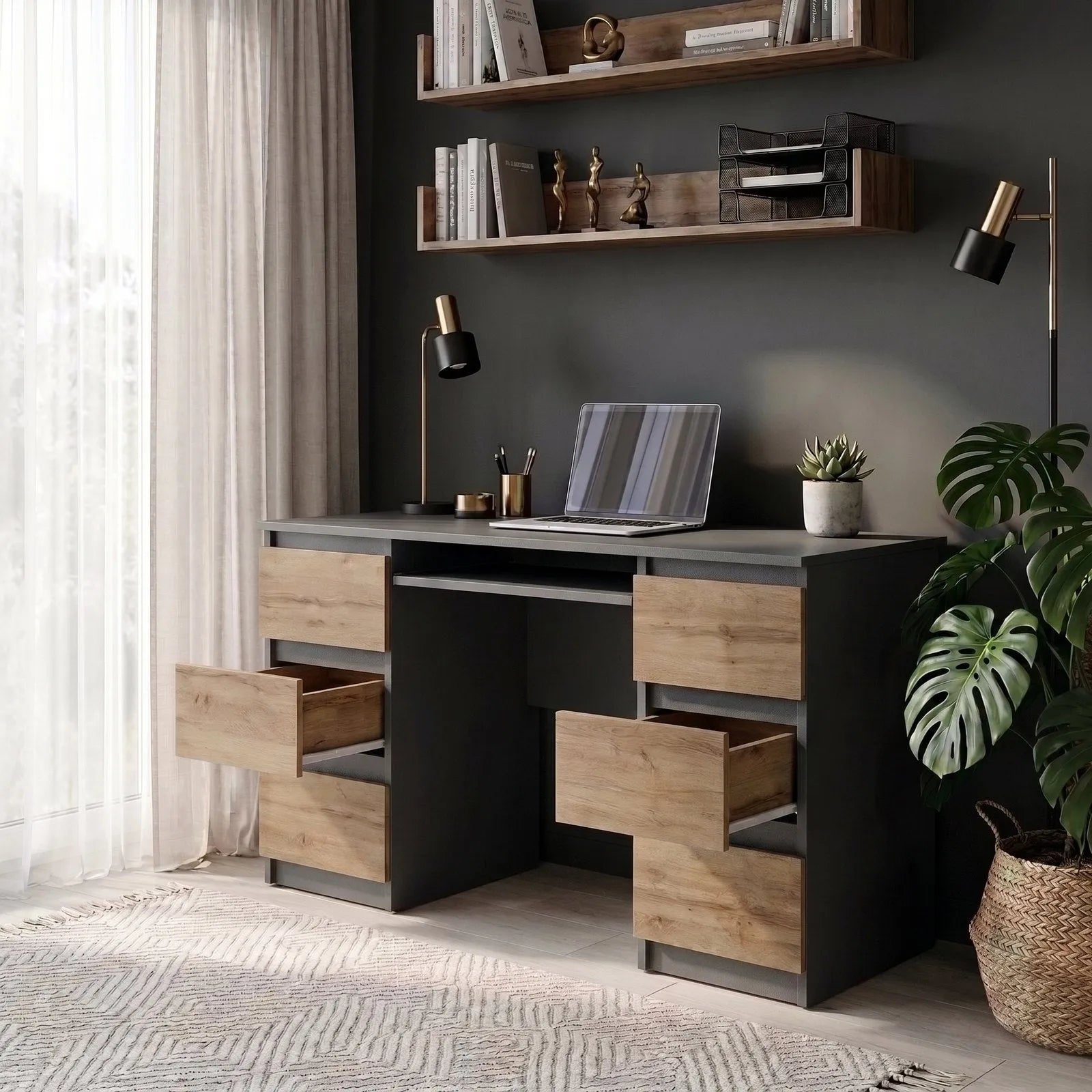 CUBA Schreibtisch 130 cm Anthrazit Grau / Wotan Eiche – Ansicht 5