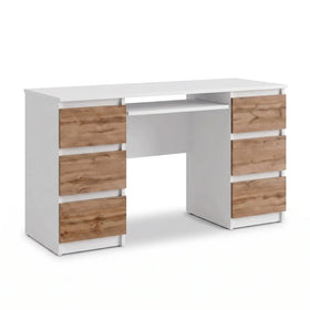 CUBA - Schreibtisch mit 6 Schubladen und Tastaturablage 130cm - Weiß Matt / Wotan Eiche