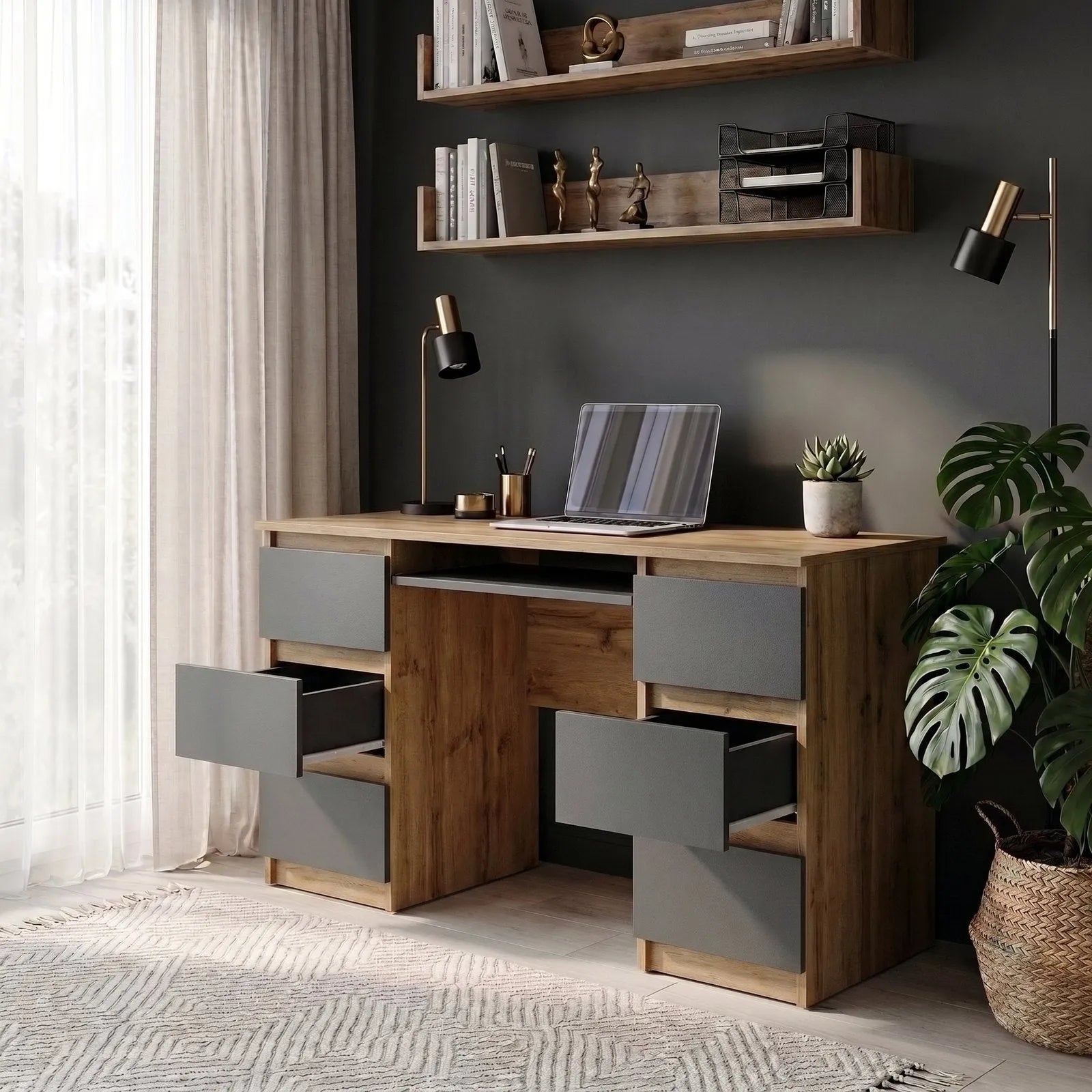 CUBA Schreibtisch 130 cm Wotan Eiche / Anthrazit Grau – Ansicht 5