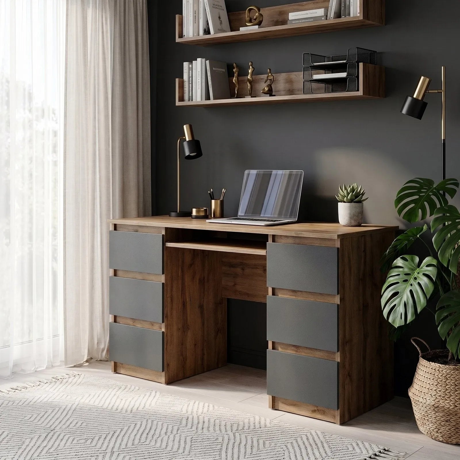 CUBA Schreibtisch 130 cm Wotan Eiche / Anthrazit Grau – Ansicht 4