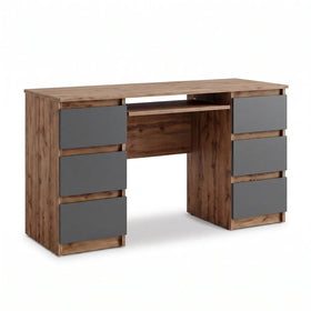 CUBA - Schreibtisch mit 6 Schubladen und Tastaturablage 130cm - Wotan Eiche / Anthrazit Grau