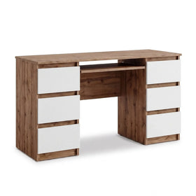 CUBA - Schreibtisch mit 6 Schubladen und Tastaturablage 130cm - Wotan Eiche / Weiß Matt