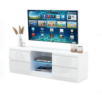 MARCO - TV Lowboard mit 4 Schubladen und 1 Glasboden - Weiß Matt / Weiß Gloss
