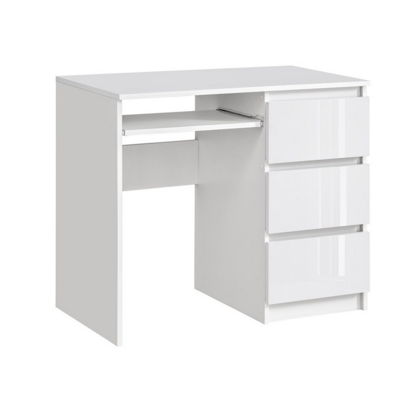 BRUNO - Schreibtisch mit 3 Schubladen und Tastaturablage Rechts - Weiß Matt / Weiß Gloss 90cm