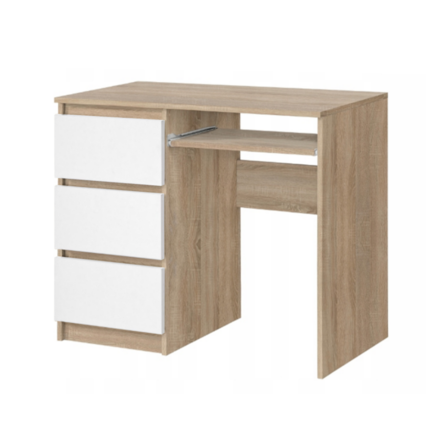 BRUNO - Schreibtisch mit 3 Schubladen und Tastaturablage Links - Sonoma Eiche / Weiß Matt