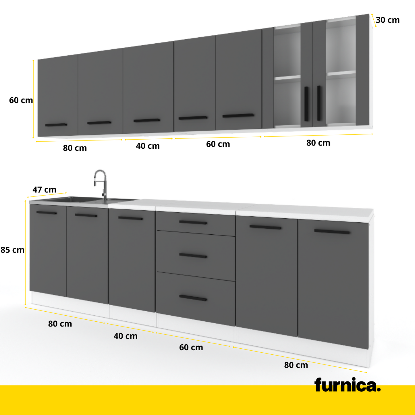 RENO - Küchen-Set - Anthrazit / Weiß Matt mit Arbeitsplatte - 8 Elemente - 260 cm