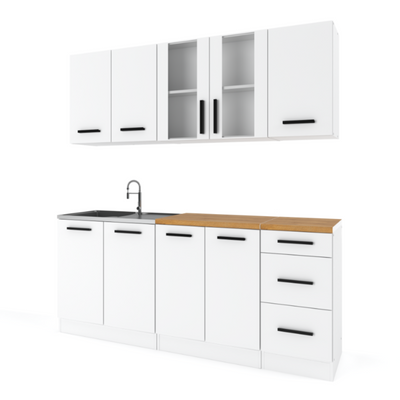 GONZO - Küchenblock - Weiß Matt mit Arbeitsplatte - 6 Schränke - 200 cm