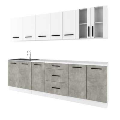 RENO - Küchenblock - Beton / Weiß Matt mit Arbeitsplatte - 8 Schränke - 260 cm