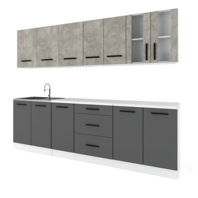 RENO - Küchenblock - Anthrazit / Beton mit Arbeitsplatte - 8 Schränke - 260 cm